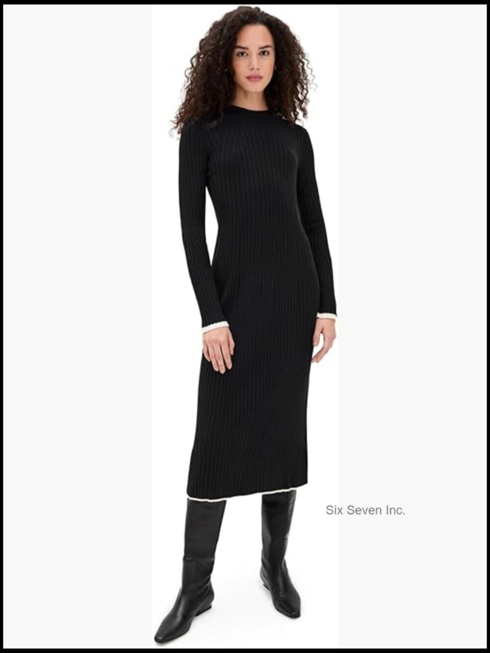 Rib Knit Midi Dress with Contrast Edges